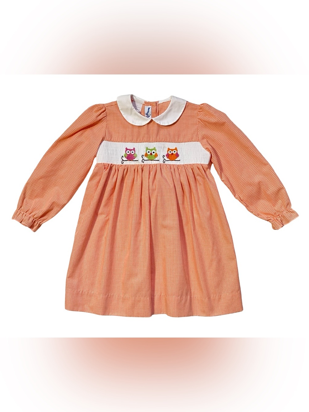 Silly Goose Orange Gingham Girl’s Smocked Owl Dress Size 2